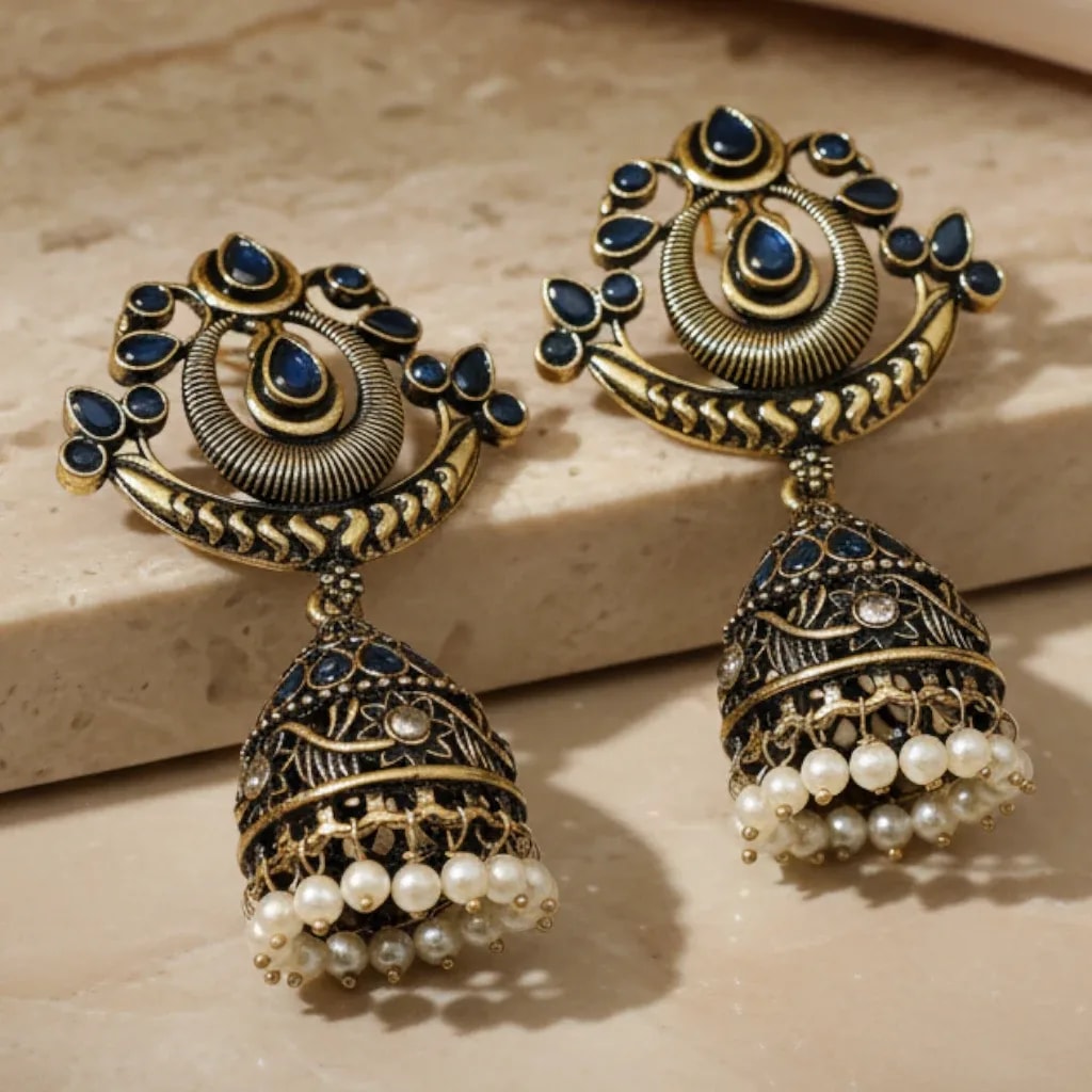 Antique Gold-Tone Kashmiri Jhumka Earrings with Pearl Drop jewellery
