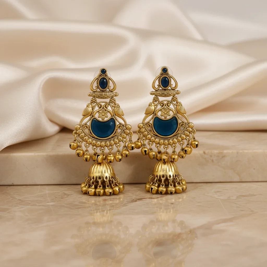 Blue Stone Look Kashmiri Statement Earrings jewellery
