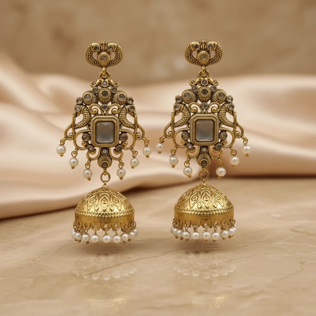 Antique Gold-Tone Jhumka Earrings with Pearl Drops jewellery
