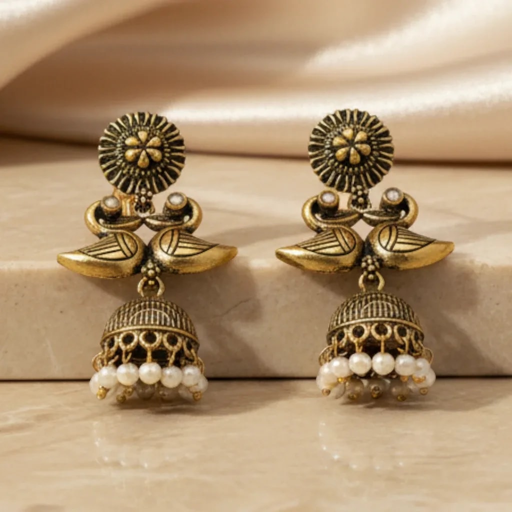Antique Gold-Tone Bird Motif Jhumka Earrings jewellery