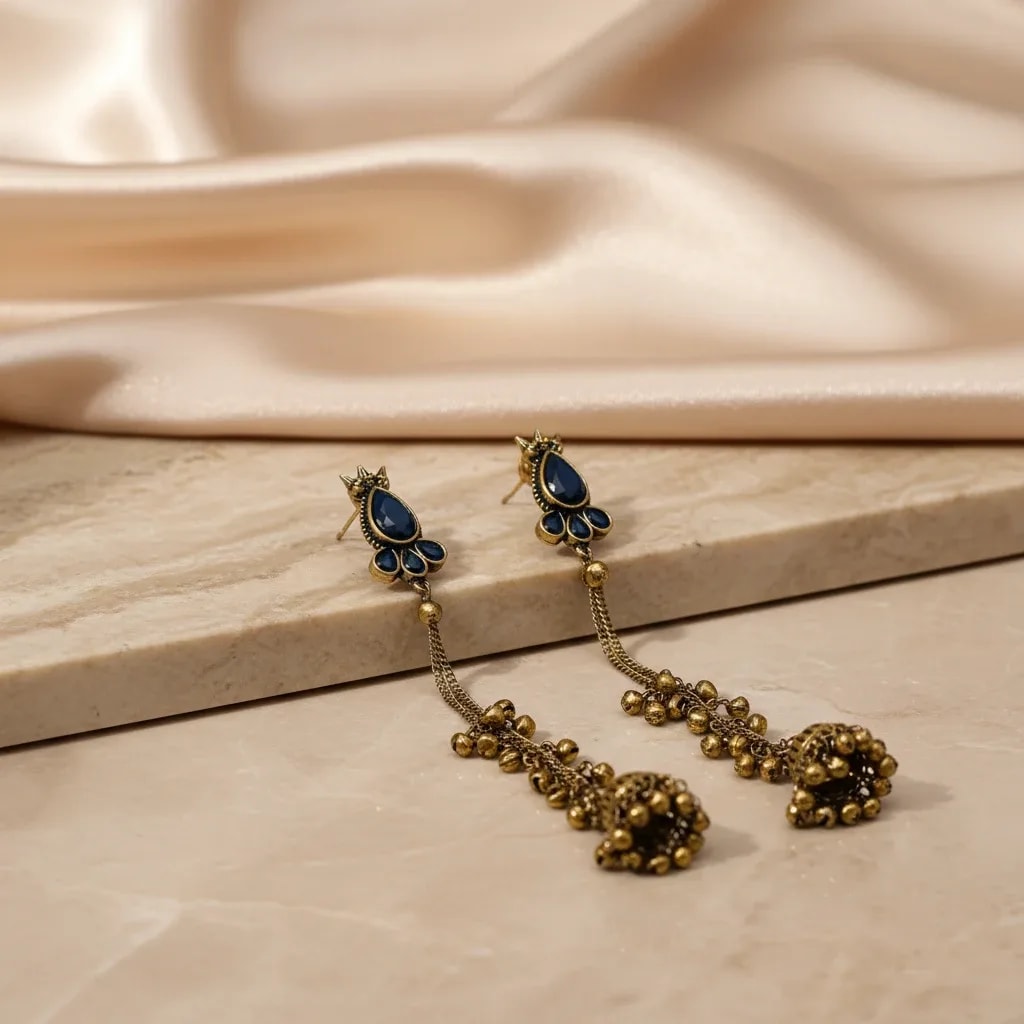 Navy Blue Kashmiri Long Dangler Earrings jewellery