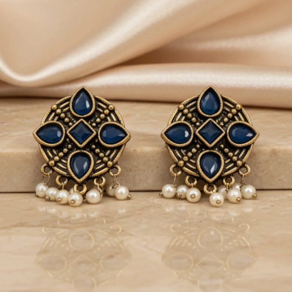 Blue Stone Pearl Drop Kashmiri Earrings jewellery