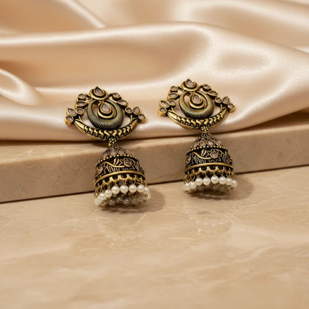 Antique Gold-Tone Jhumka Earrings with Pearl-Style Drops jewellery