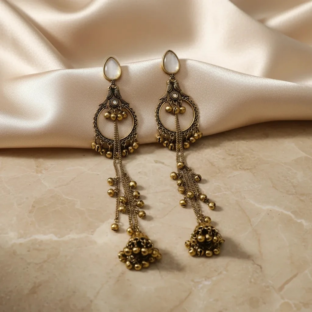 Antique Gold-Tone Kashmiri Long Dangle Earrings jewellery