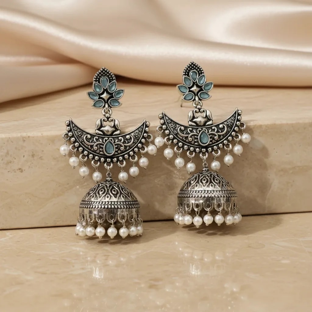 Oxidised Kashmiri Jhumka Earrings with Pearl Drops jewellery