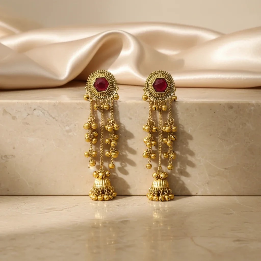 Kashmiri Gold-Tone Dangling Earrings with Red Centre jewellery