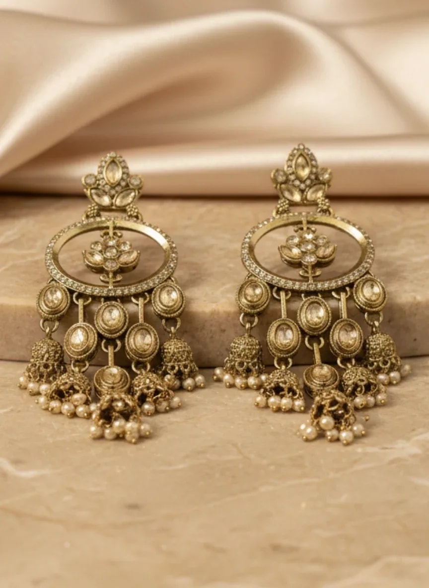 Kashmiri Gold-Tone Statement Chandbali Earrings jewellery