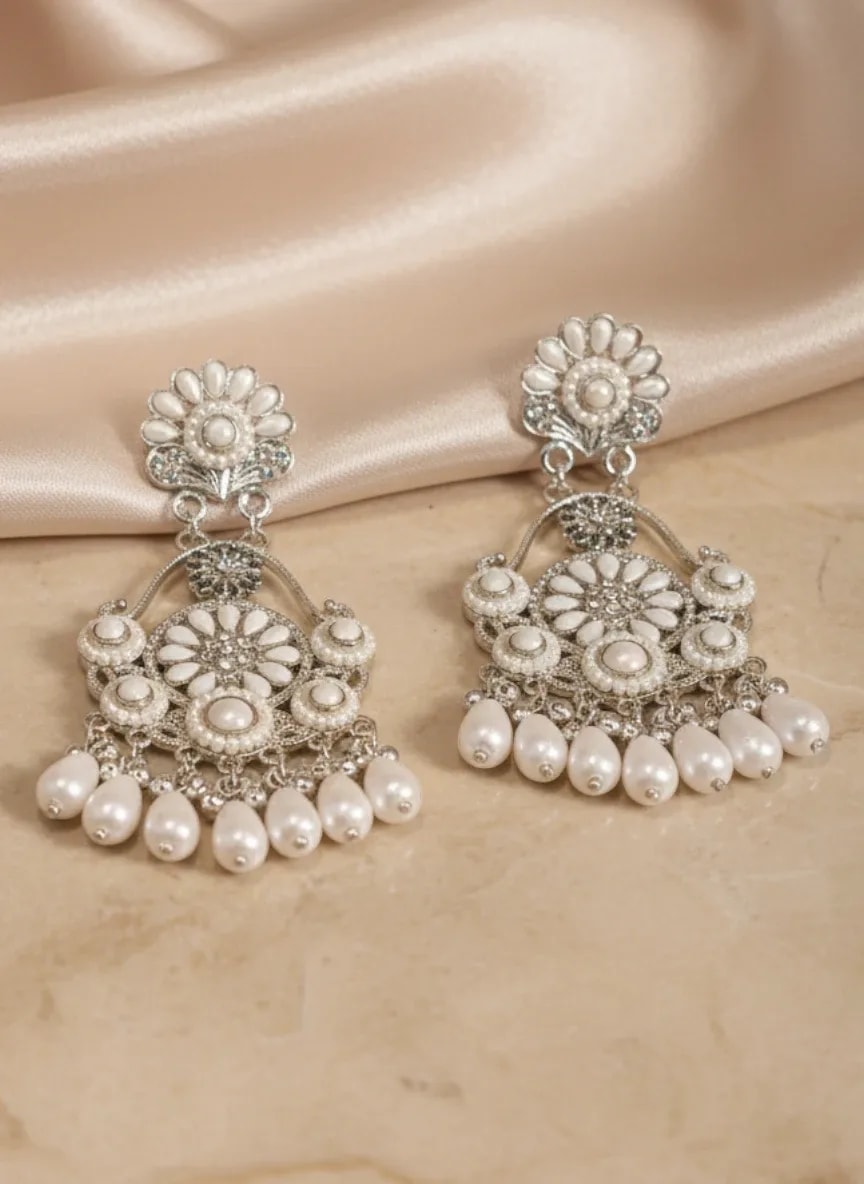 Silver-Tone Floral Jhumka Earrings with Pearl Drops jewellery