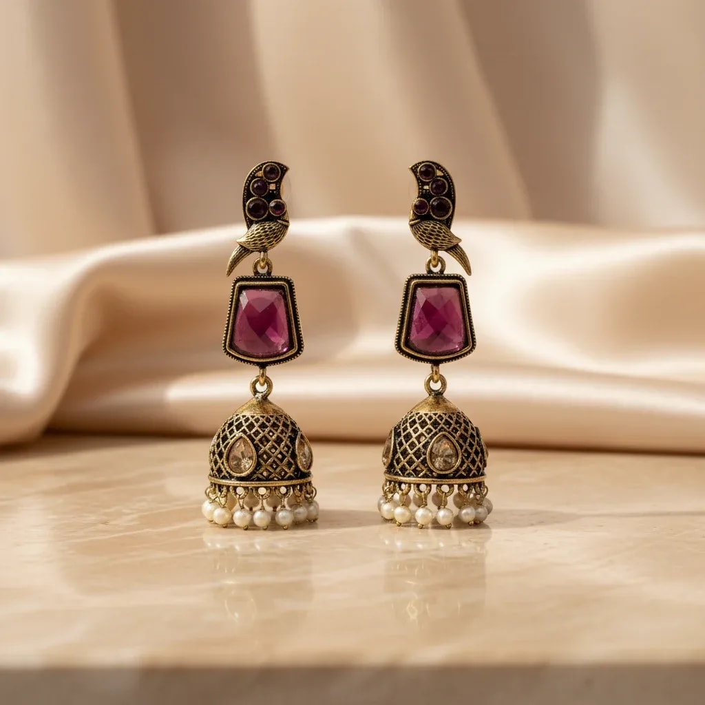 Antique Gold-Tone Kashmiri Jhumka Earrings with Pink Stone Look jewellery