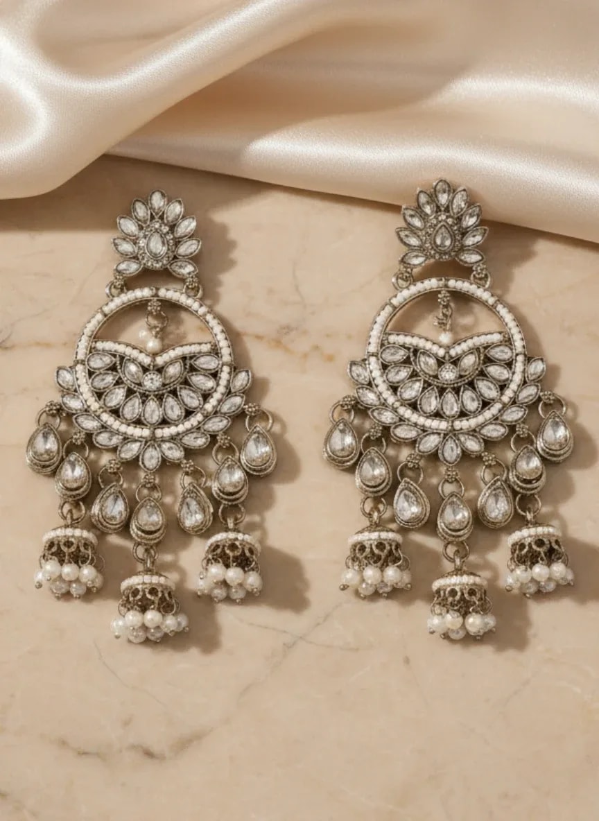 Silver-Tone Kundan-Style Chandbali Jhumka Earrings jewellery