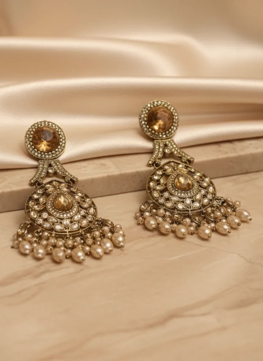 Gold-Tone Kundan-Style Jhumka Earrings with Pearl Drops jewellery