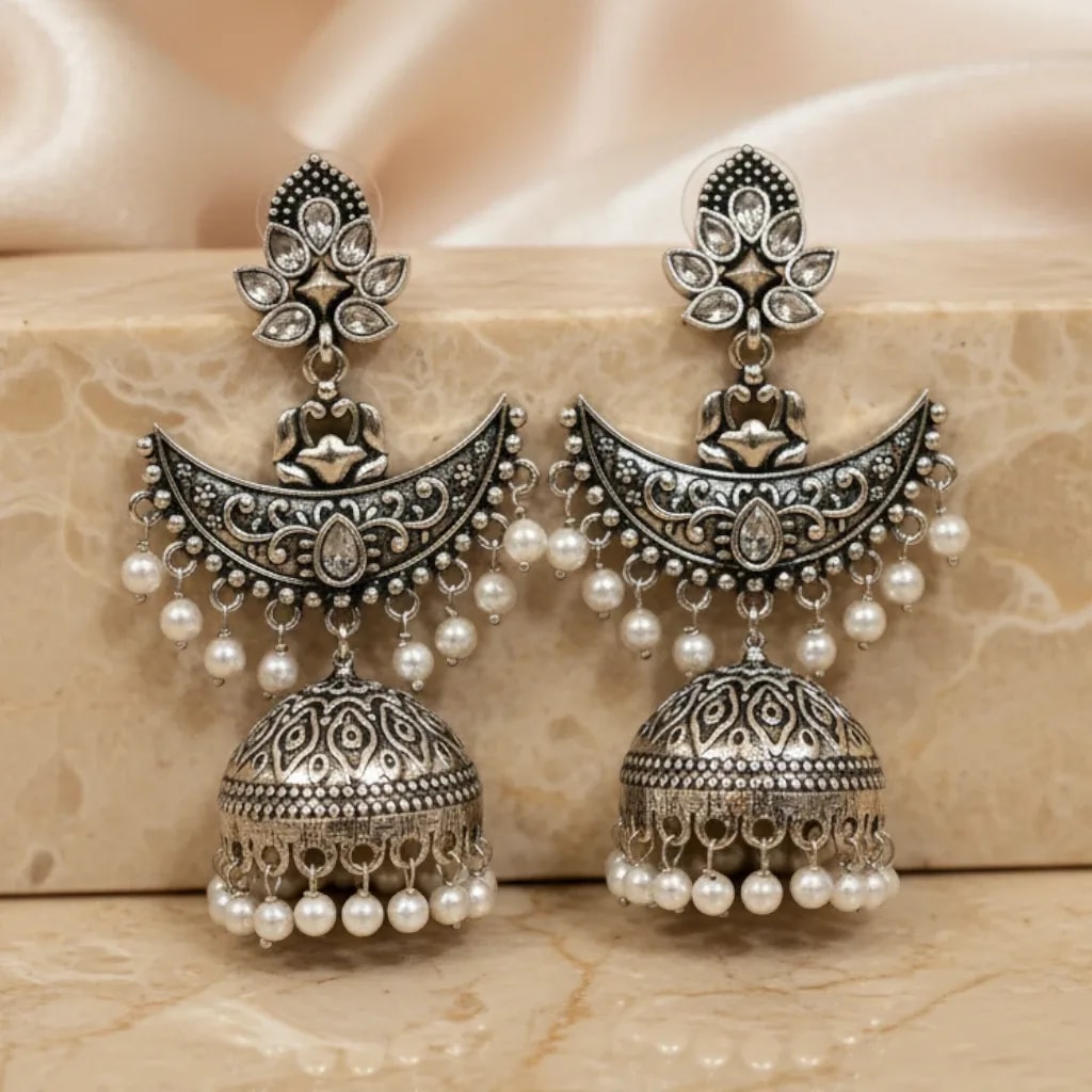 Antique Silver-Tone Kashmiri Style Jhumka Earrings jewellery