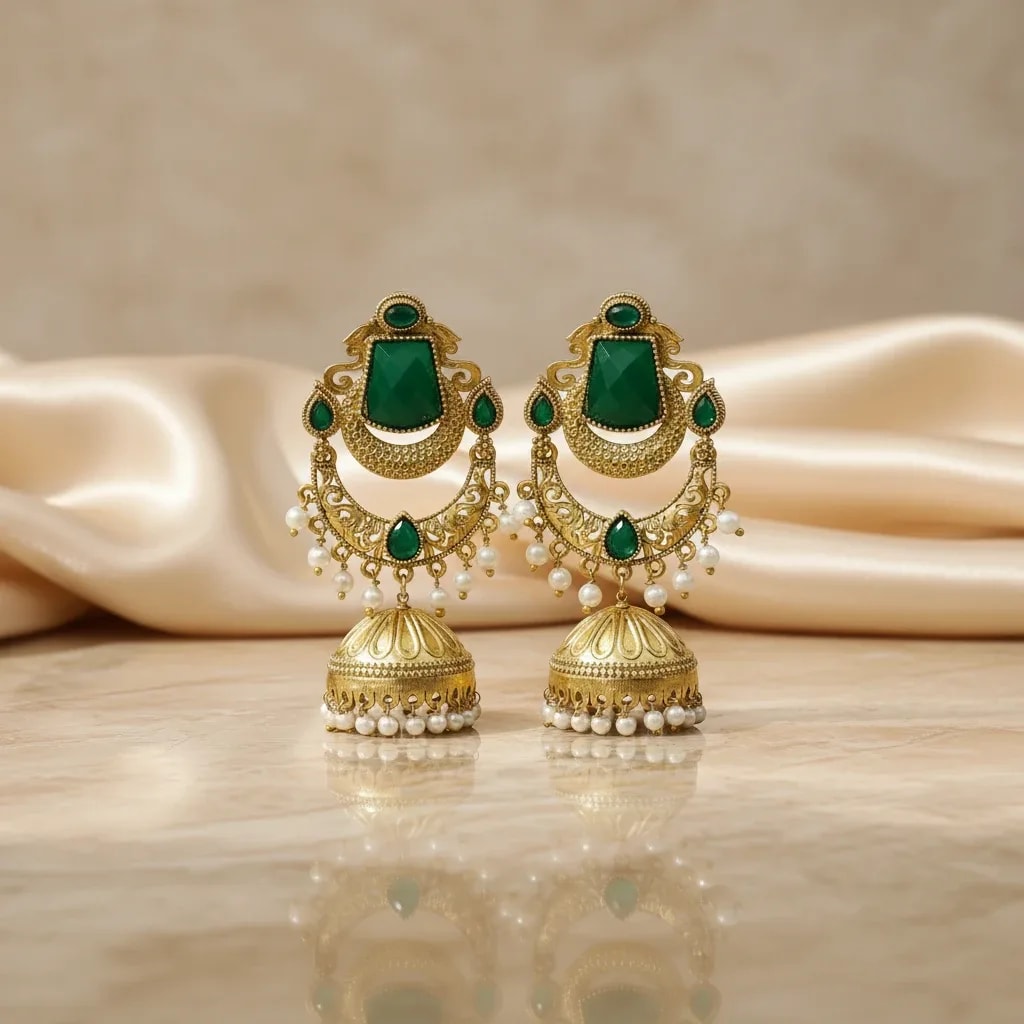 Green Stone Kashmiri Jhumka Earrings jewellery