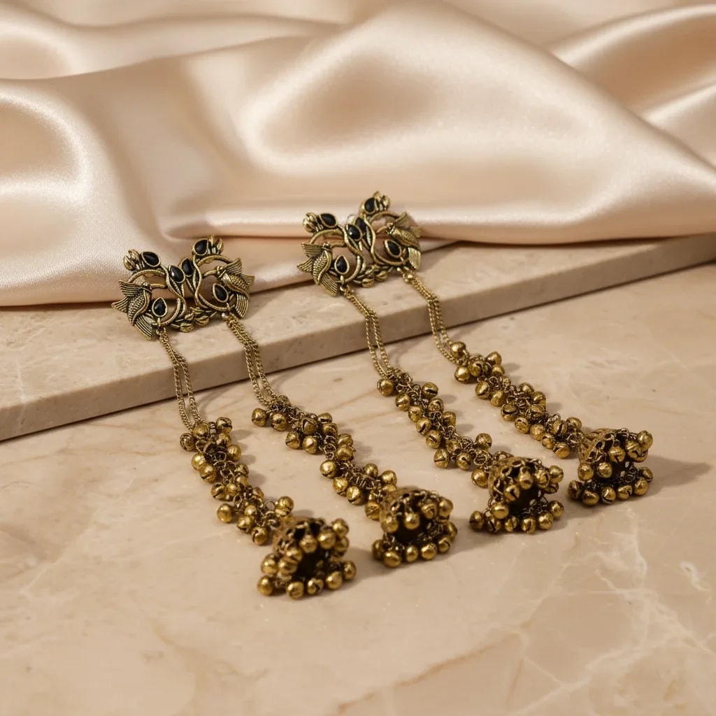 Antique Gold Kashmiri Long Jhumka Earrings jewellery