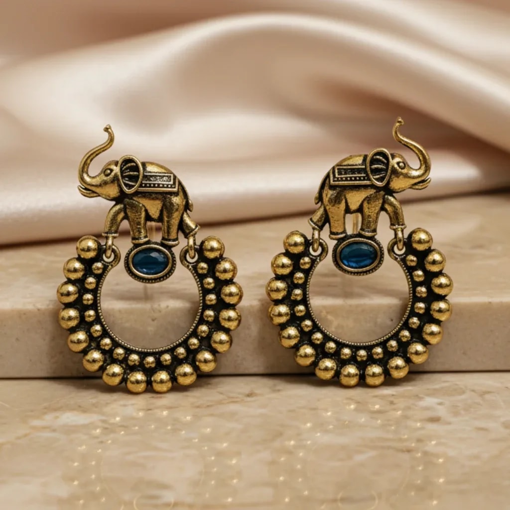 Antique Elephant Statement Earrings with Blue Accent jewellery