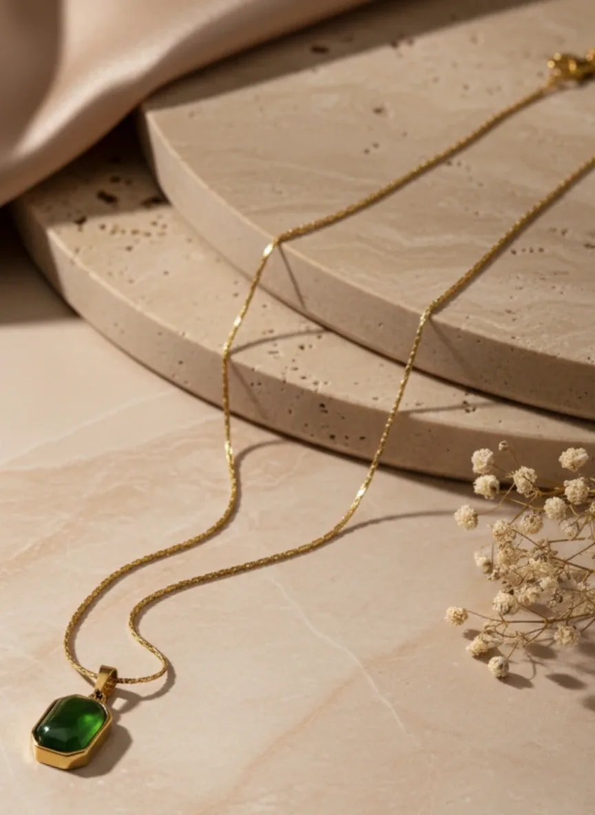Green Stone Pendant Gold-Tone Neck Chain jewellery