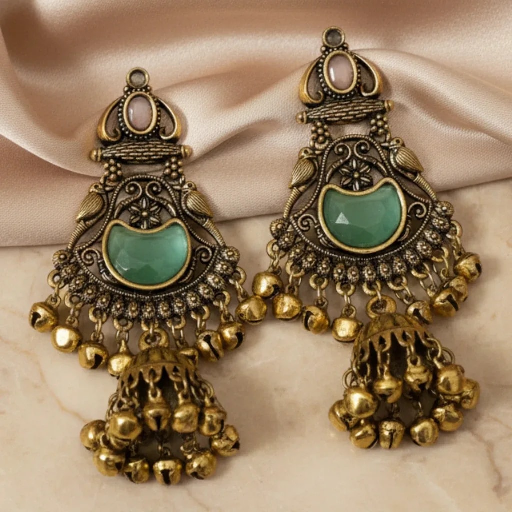 Antique Gold-Tone Kashmiri Style Jhumka Earrings with Green Center jewellery