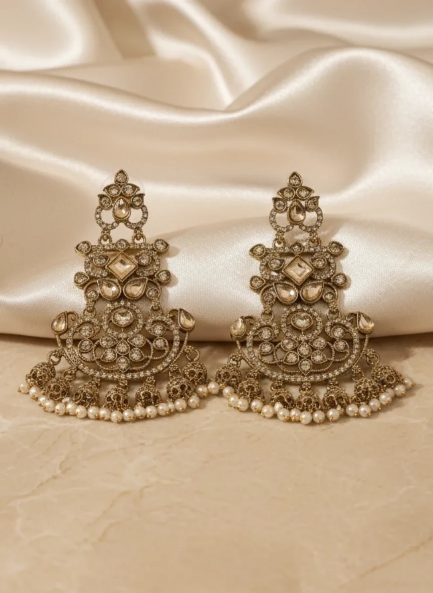 Gold-Tone Kashmiri Style Jhumka Earrings with Pearl Drops jewellery