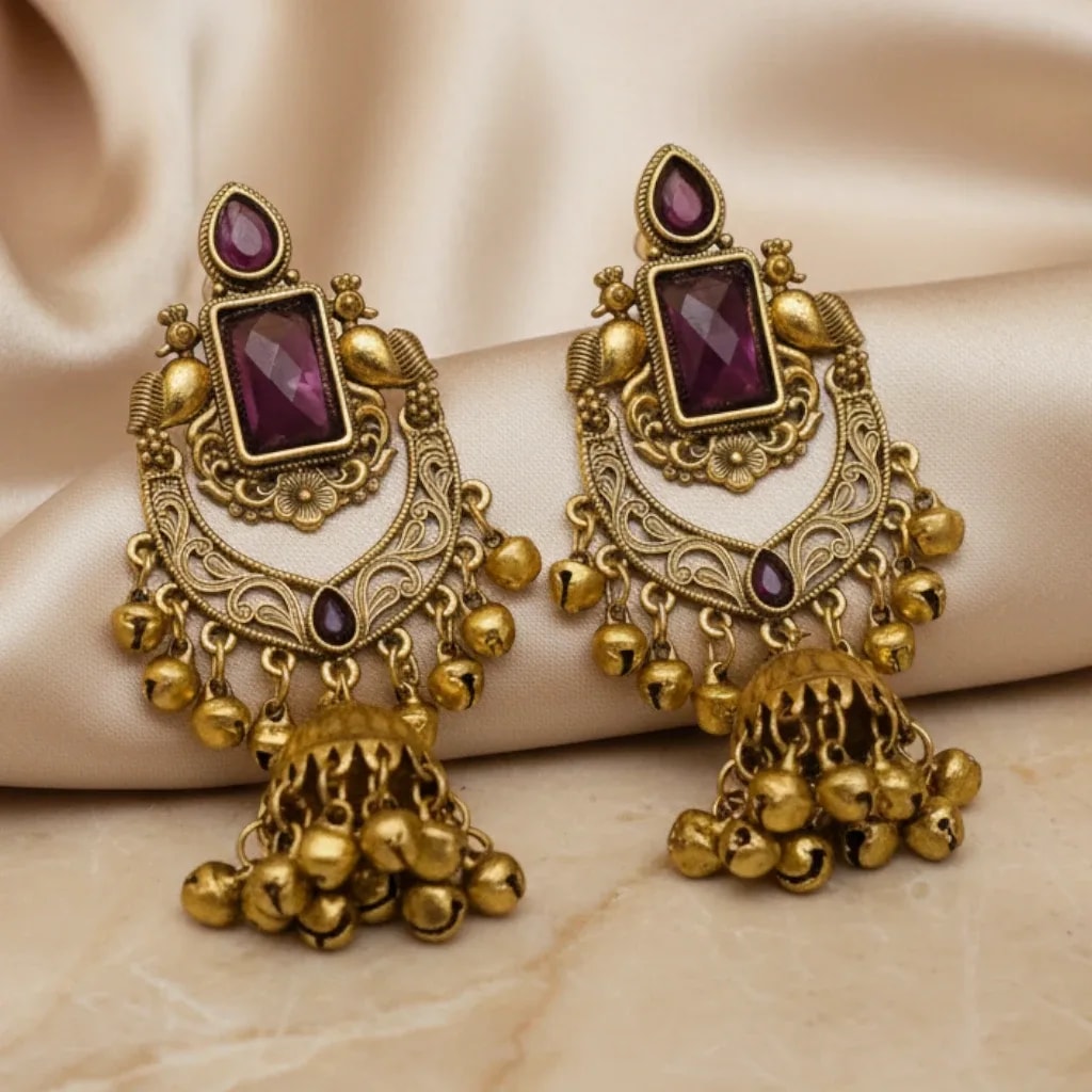 Gold-Tone Kashmiri Statement Earrings with Purple Stone Detailing jewellery