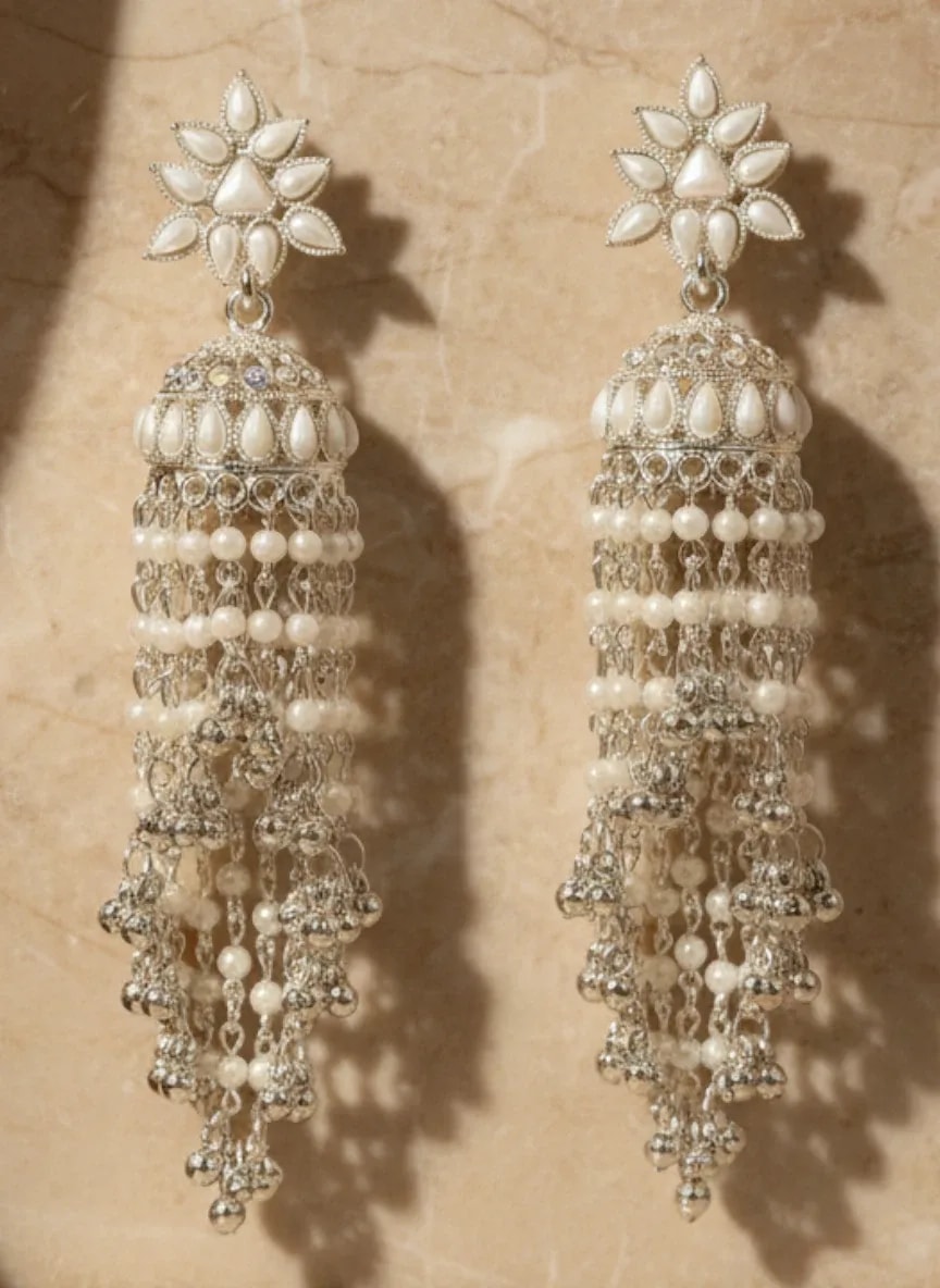 Kashmiri Silver-Tone Long Dangler Earrings jewellery