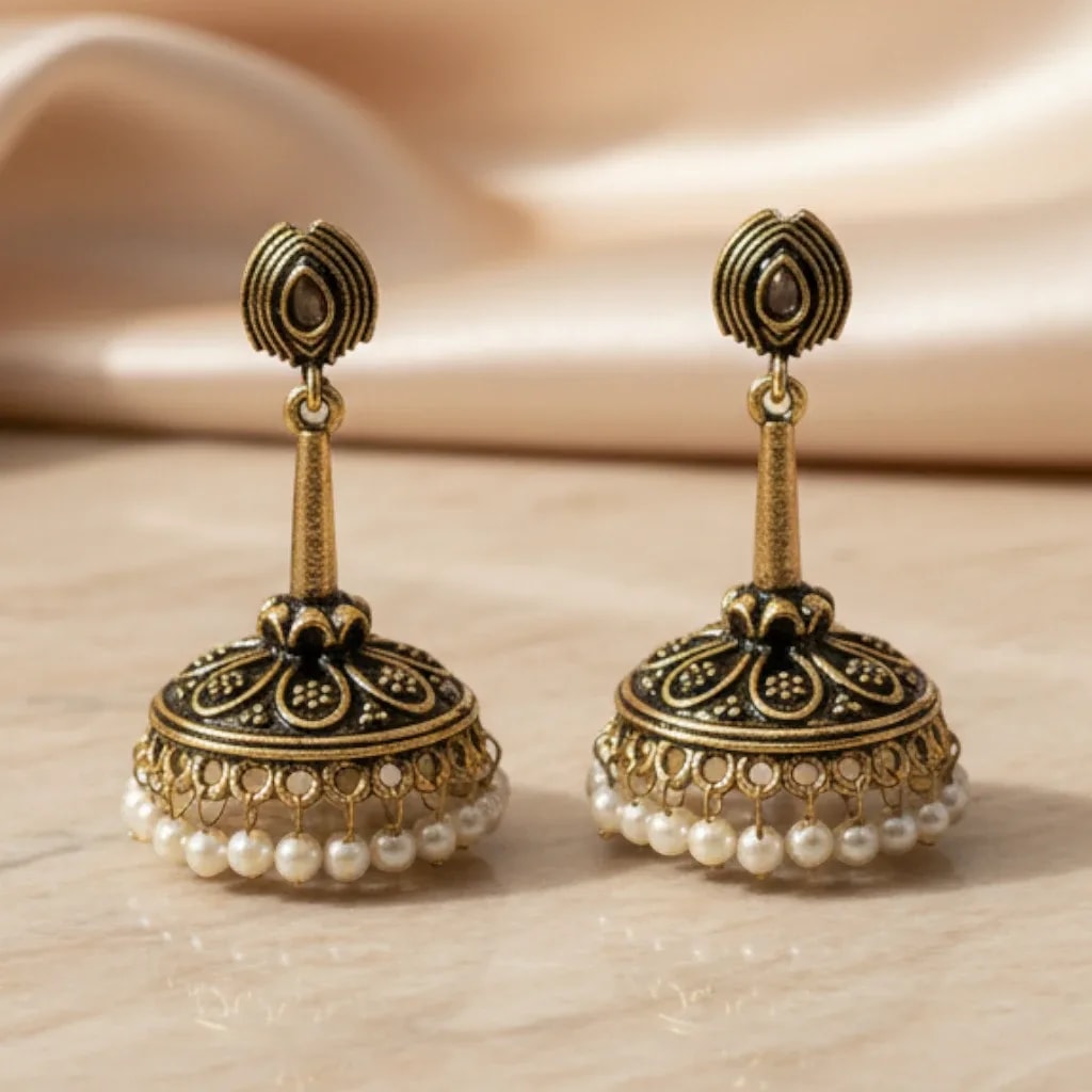 Antique Gold-Tone Jhumka Earrings with Pearl-Style Drops jewellery