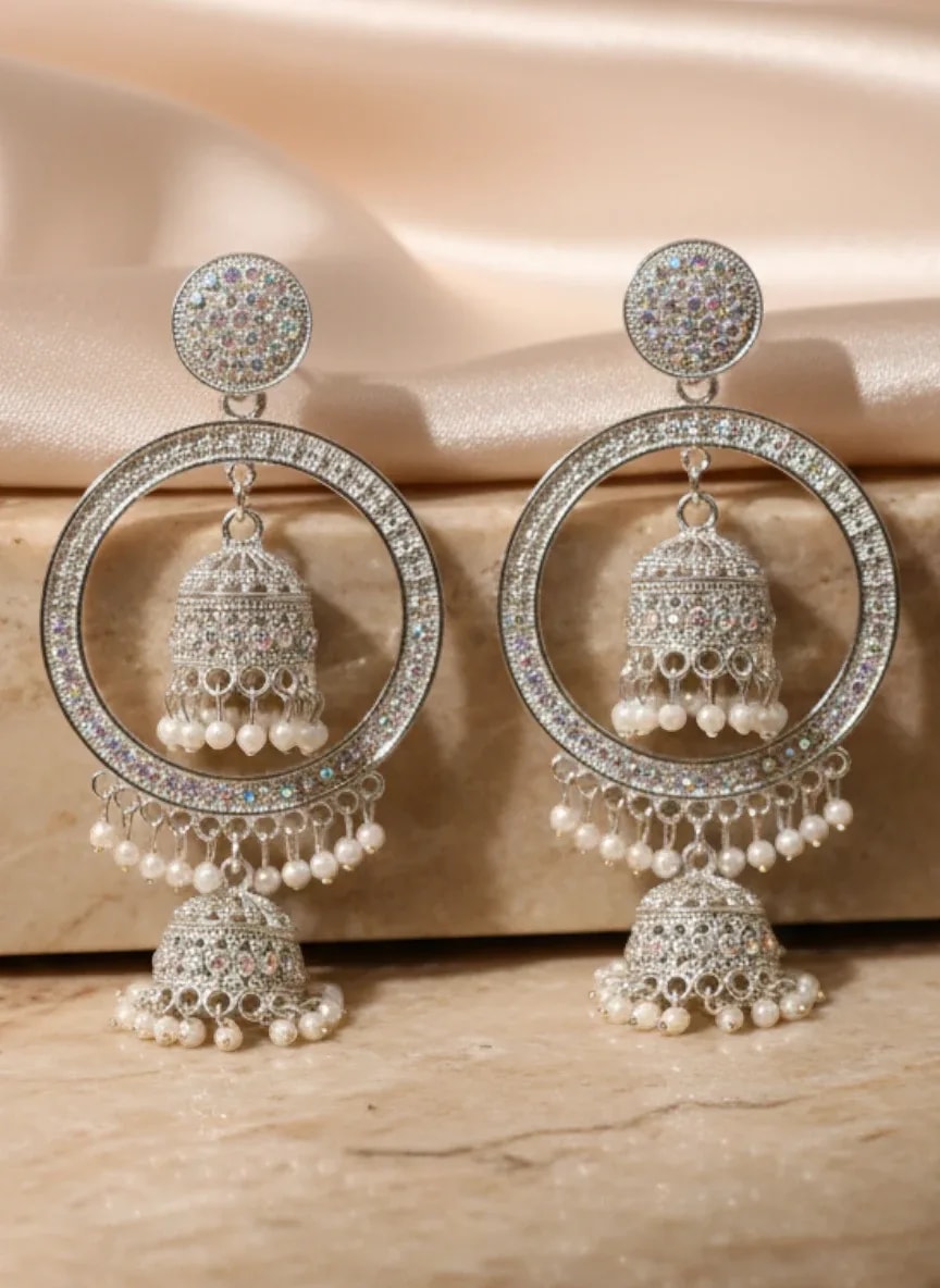 Silver-Tone Circular Jhumka Earrings with Pearl Drops jewellery