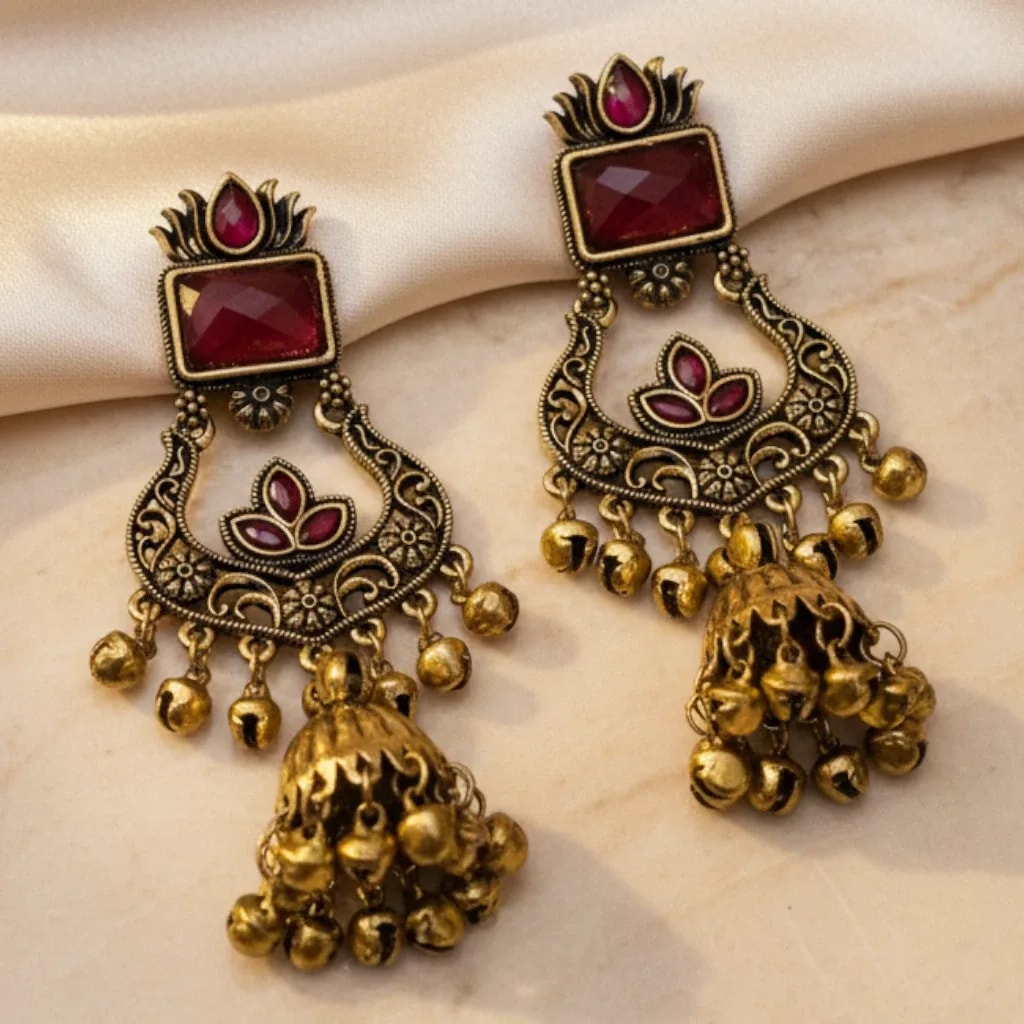 Kashmiri Style Red Stone Jhumka Earrings jewellery