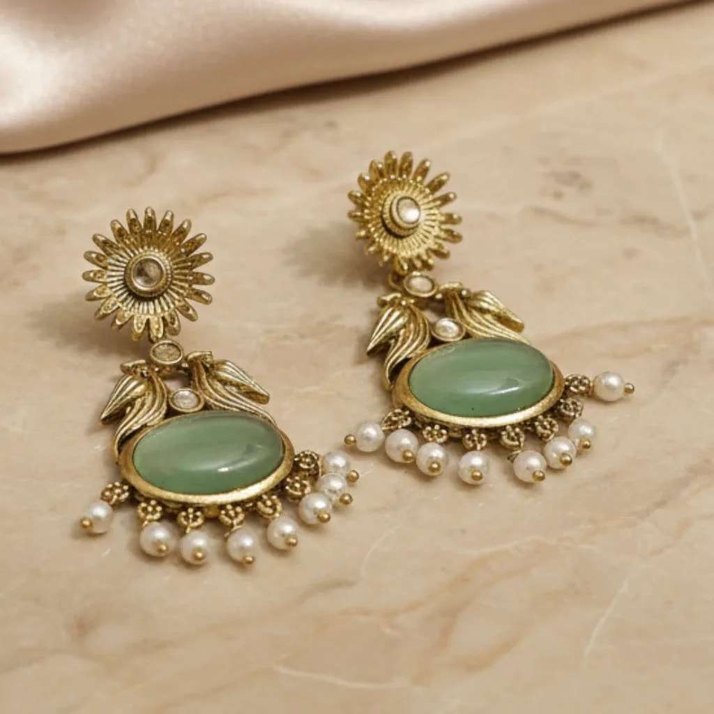 Mint Green Pearl Dangling Traditional Earrings jewellery