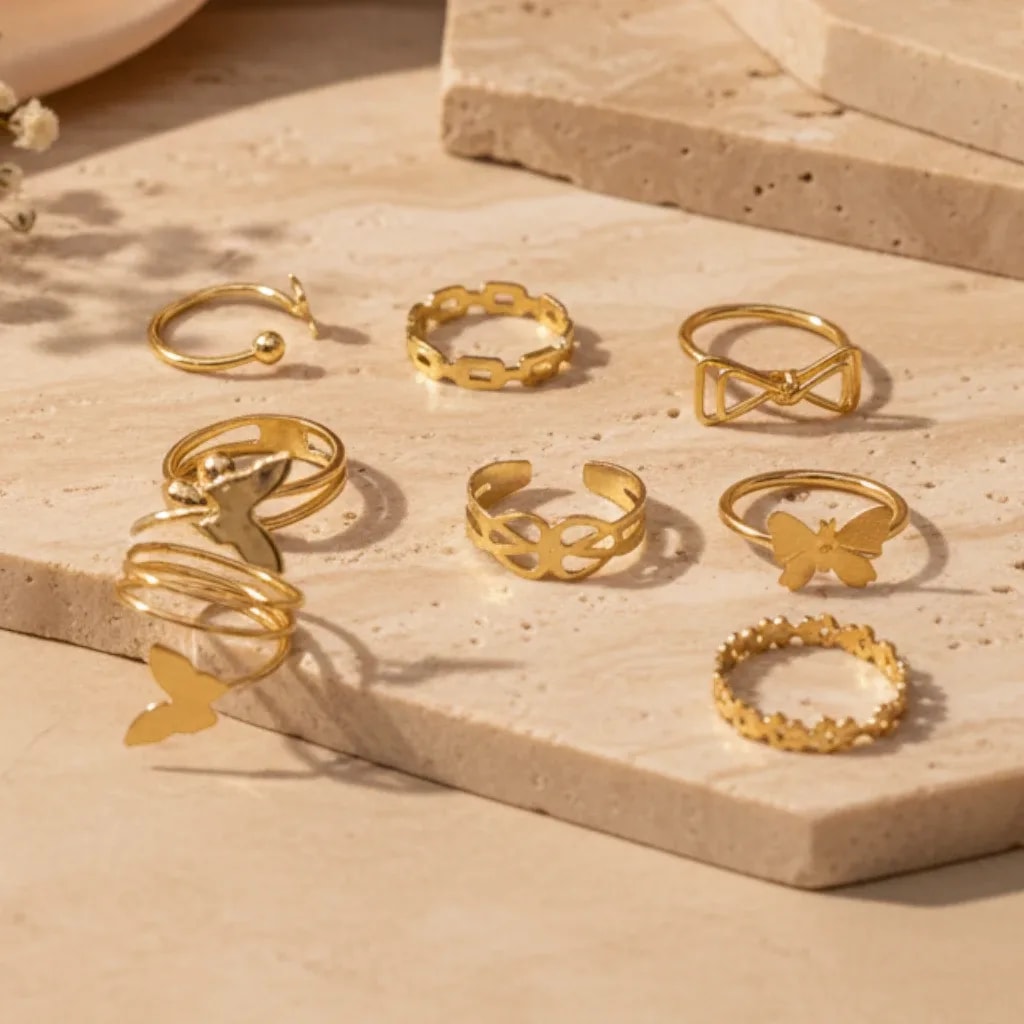 Golden Minimal Motif Ring Set jewellery