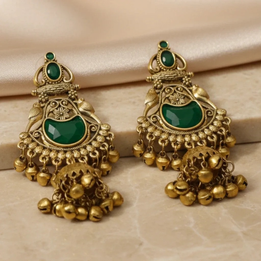 Gold-Tone Green Stone Jhumka Earrings jewellery