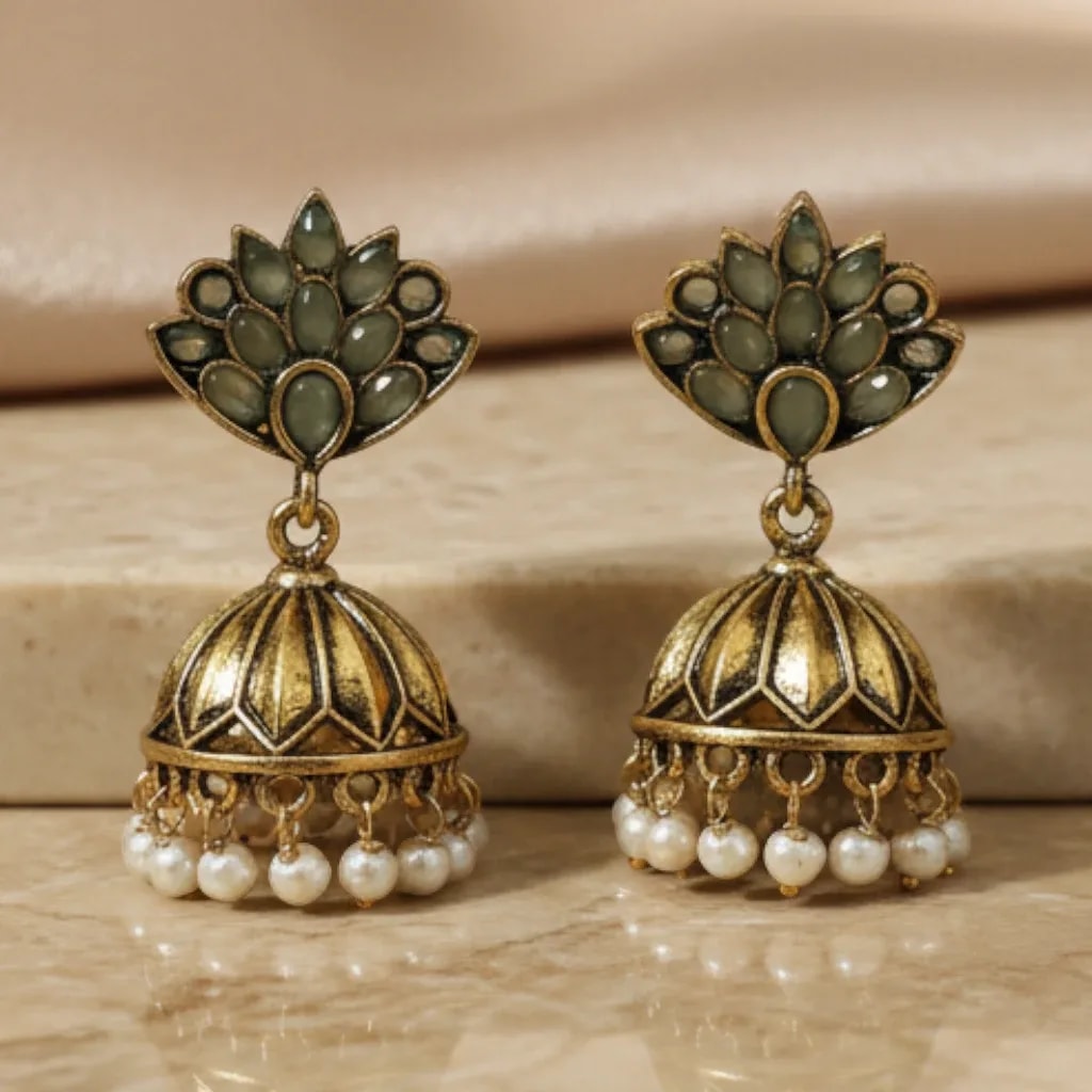 Green Stone Jhumka Earrings with Pearl Drops jewellery