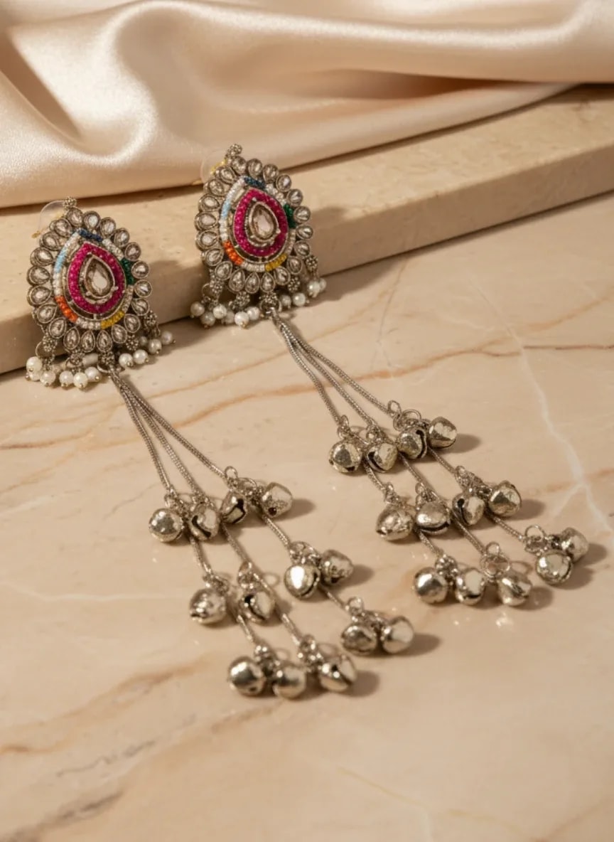 Silver-Tone Multi-Color Long Dangler Earrings jewellery