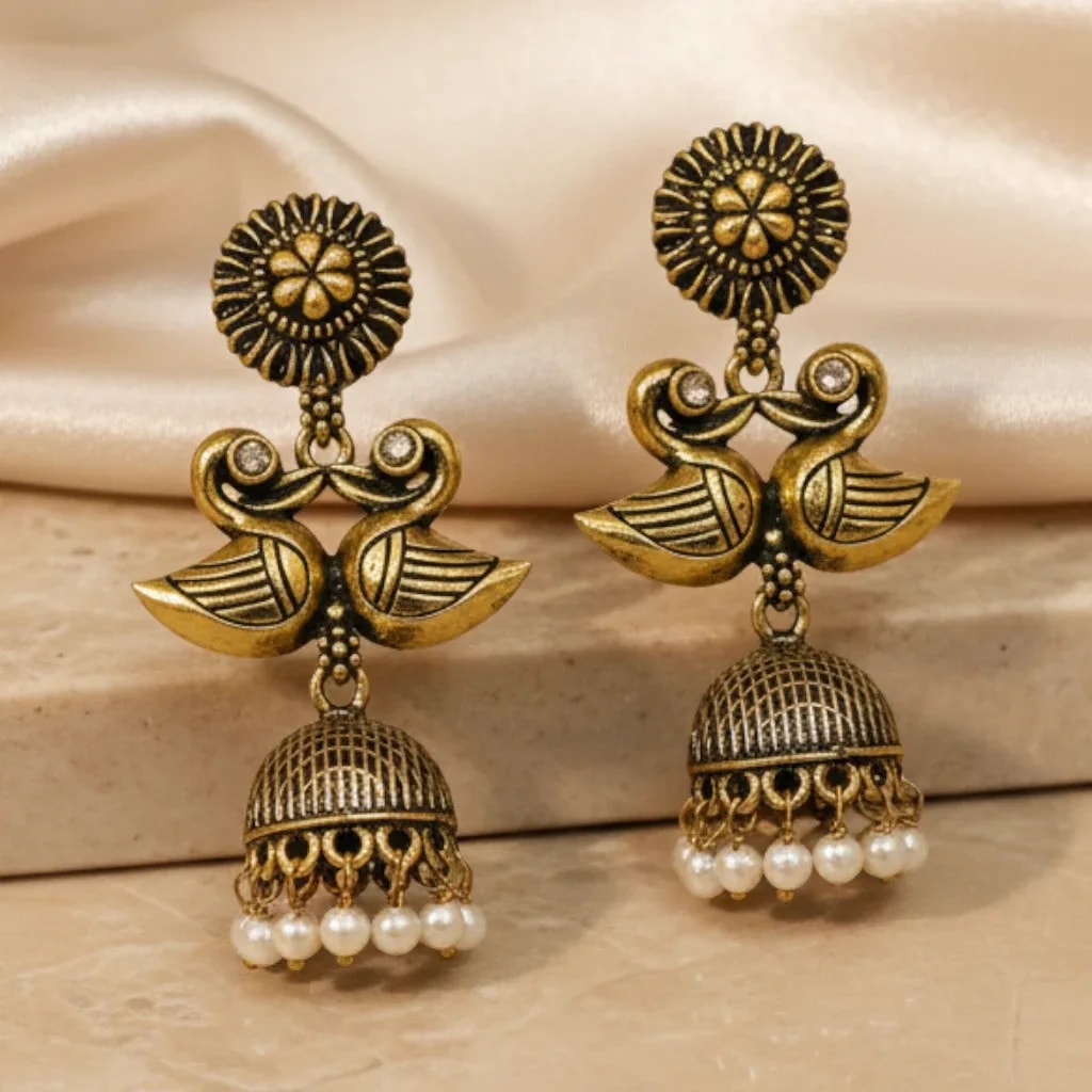 Antique Gold-Tone Peacock Jhumka Earrings with Pearl Style Drops jewellery