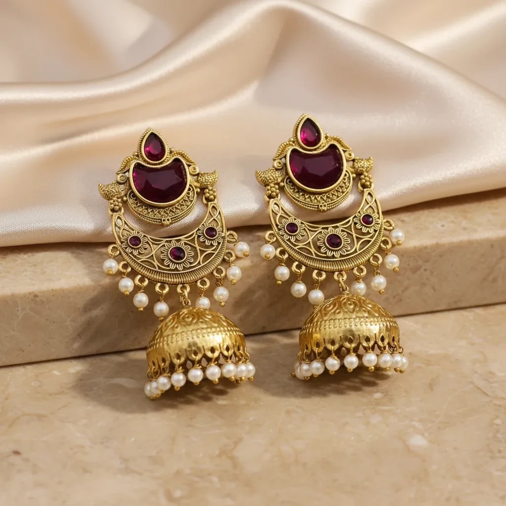 Maroon Stone Gold-Tone Jhumka Earrings jewellery